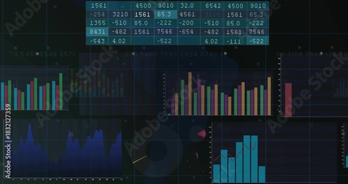 Displaying dark analytics dashboard on screen showing numeric matrix, bars, area chart, donut chart