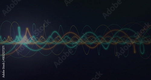 Showing center band of glowing waveforms on dark canvas, with teal cyan orange yellow dotted trails