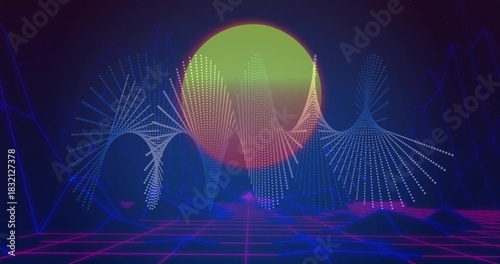 Glowing central circular disk casting halo over retro-futuristic grid plane, with dotted waveforms