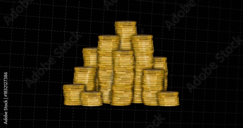 Displaying central stack of gold coins shimmering on black grid, casting soft shadows