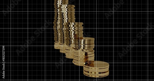 Displaying reflective gold coin stacks rising diagonally in virtual 3D space, with white grid
