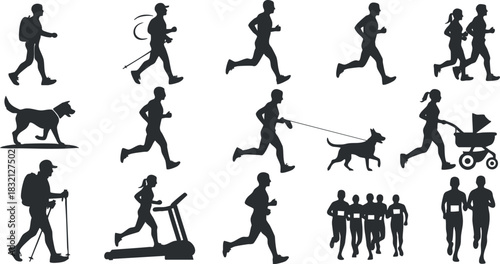 A collection of silhouettes depicting various fitness activities including running, walking, and hiking with dogs in a minimalist vector style, ideal for health and wellness projects