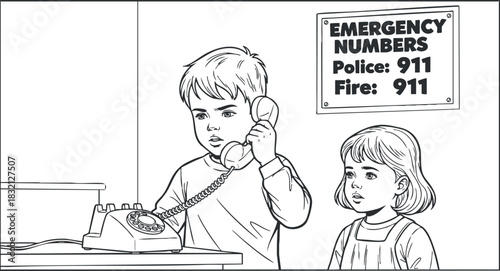 A boy speaking on a vintage telephone while a girl looks on in black and white line art style, perfect for educational materials