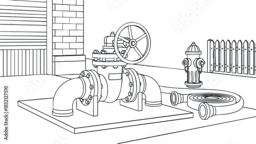 A water pump with piping and valves in black and white outline vector style, suitable for engineering and industrial projects