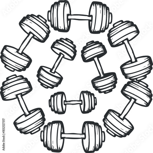 A collection of dumbbells arranged in a circular pattern in black and white outline vector style, suitable for fitness branding and gym related projects
