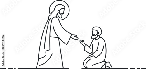 A minimalist outline illustration of Jesus reaching out to a kneeling man in a sacred moment of faith and forgiveness