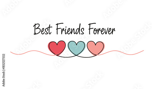 Best friends forever text with three connected hearts in red blue and pink on a white background simple silhouette style illustration silhouette