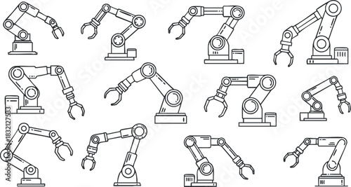 A set of robotic arms in outline style, featuring various designs and functionalities, ideal for technology and engineering projects