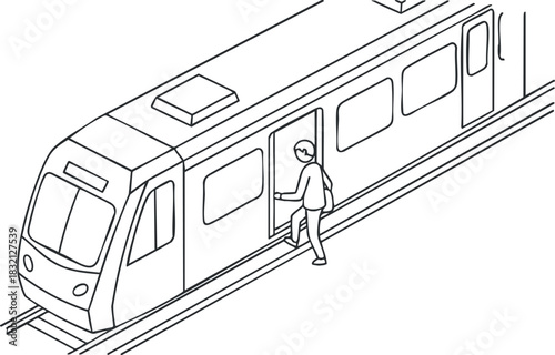 A person stepping onto a modern train in outline vector style, suitable for transportation-themed projects and urban design applications