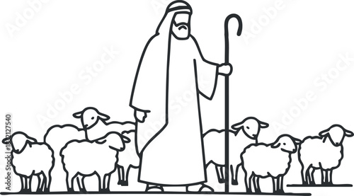 A shepherd with a staff guiding a flock of sheep in a minimalist black and white outline vector style, suitable for agricultural themes