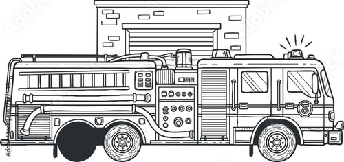 A detailed outline illustration of a fire truck parked in front of a fire station in black and white vector style, suitable for educational materials or emergency service graphics
