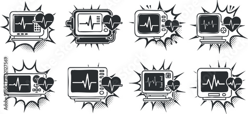 A set of medical monitoring devices featuring heartbeat graphics in flat black and white vector style, ideal for healthcare design projects