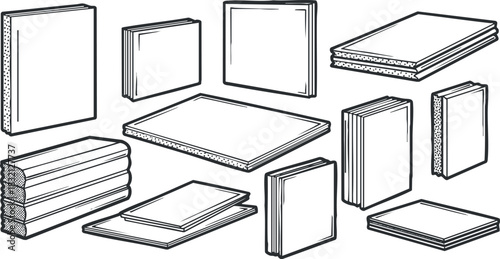 A collection of various paper sheets, notebooks, and stacked documents in minimalist outline vector style, suitable for office and stationery design