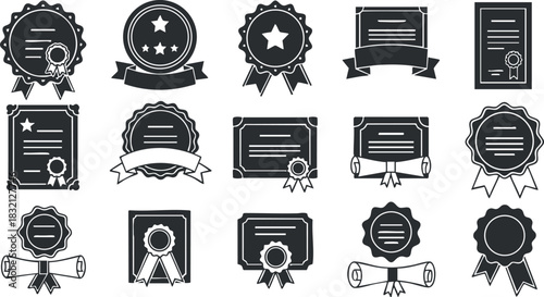 A collection of various award and certificate icons in black and white vector style, ideal for recognition and achievement themes