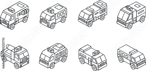 A collection of emergency vehicles including firetrucks and ambulances in clean black and white outline vector style, suitable for educational and safety materials