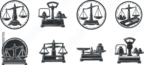 A collection of balance scales and legal symbols in black and white outline vector style, ideal for law and justice themes