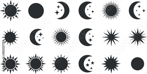A collection of sun and moon icons featuring various designs in black and white geometric vector style, perfect for celestial themed projects