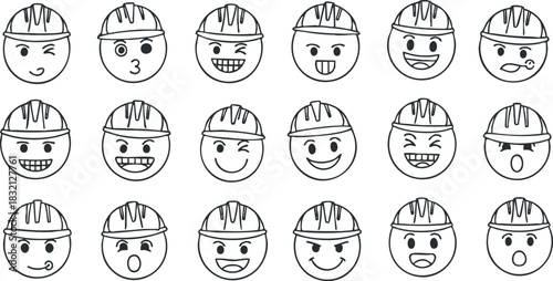A collection of construction worker emoticons with various facial expressions in black and white outline vector style, suitable for safety signage and communication