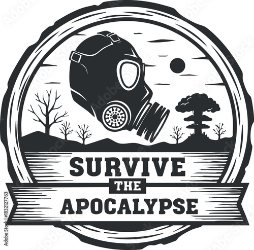 A gas mask illustration with trees and a sun in a black and white vintage vector style, perfect for survival-themed designs