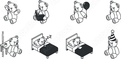 A collection of cute teddy bears engaging in various activities in black and white outline vector style, ideal for children's products and decorations