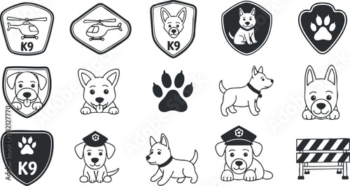 A collection of K9-themed icons including dogs, badges, and a helicopter in black and white vector style, ideal for law enforcement and pet services branding