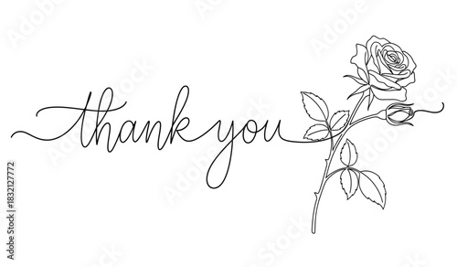 Elegant thank you script with floral accent delicate rose and leaves design minimalist greeting card template black and white silhouette