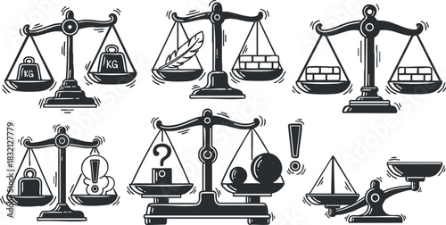 A set of balance scales depicting weights, cargo, and symbols in black and white minimalist vector style, ideal for legal and educational projects