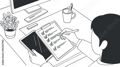 A person working with a checklist on a tablet in minimalist black and white vector style, suitable for productivity and office themes