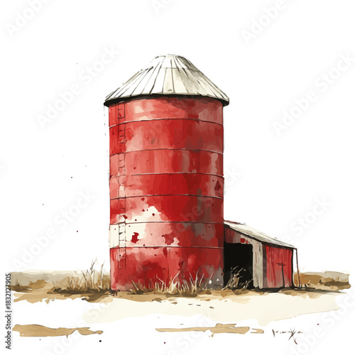 Elegant red farm silo painting design collection, Hand-painted watercolor style, vectorized, vector set available in EPS, Simple design, EPS format set