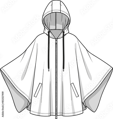 Hooded poncho technical fashion flat sketch featuring front zipper, drawstrings, and welt pockets, vector illustration template.