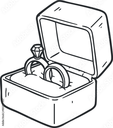An elegant engagement ring inside a velvet jewelry box in minimalist outline vector style, perfect for wedding and romance-themed designs