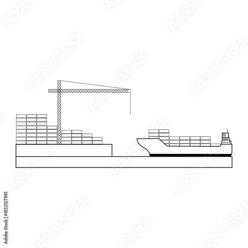 Line art drawing of a container ship loading cargo at a port with a crane, representing global logistics, international trade, and marine shipping. Ideal for business and transport concepts