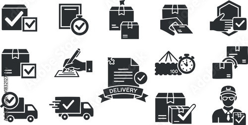 A collection of delivery and logistics icons in flat black and white vector style, ideal for e-commerce and shipping services
