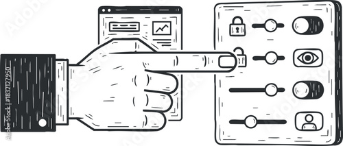 A hand pointing at digital control sliders in a detailed black and white vector style, ideal for tech-related projects