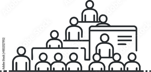 A group of people in a meeting setting with a presenter in minimalist outline vector style, suitable for business presentations and educational materials