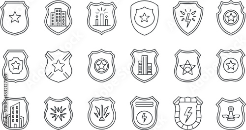 A collection of outline style security badges and icons featuring stars, shields, and city buildings in minimalist vector design, suitable for law enforcement branding and graphics
