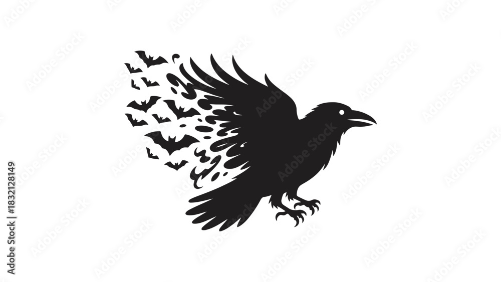 Fototapeta premium Black raven flying with bats halloween spooky vector graphic