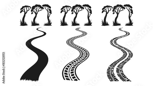 Vector road illustration with trees and different road styles