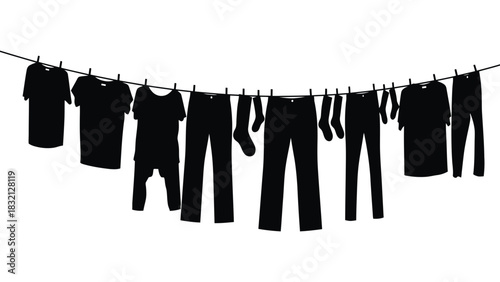Black clothes drying on clothesline laundry day silhouette art