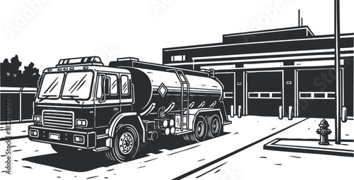 A fire truck in black and white outline vector style parked in front of a fire station, ideal for public service graphics