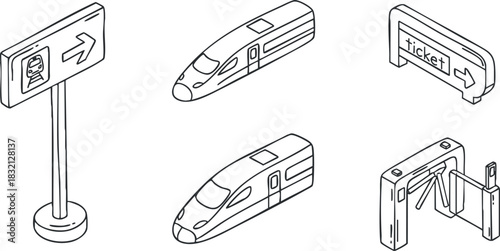 A set of train-related icons including a directional sign, high-speed train, and ticketing system in minimalist line art vector style, suitable for transportation and travel projects