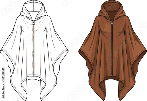Hooded poncho technical fashion flat sketch, zip-up cape with handkerchief hem, brown and outline vector illustration template.