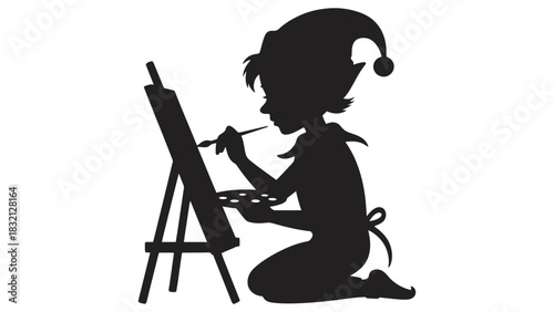 Elf artist painting silhouette christmas vector illustration