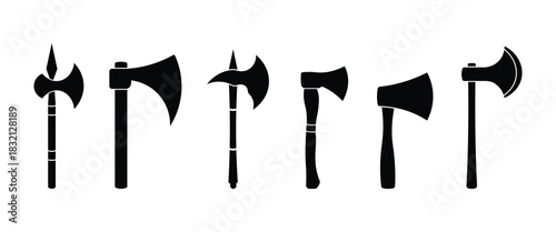 Set of black axe silhouettes. Wood axe silhouette vector, collection of various hatchet icons, medieval battle weapons, lumberjack wood chopping tools