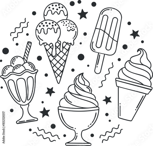 A collection of various ice cream illustrations including cones, sundaes, and popsicles in a playful outline vector style, perfect for summer-themed designs