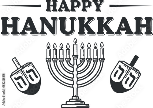A Happy Hanukkah greeting featuring a menorah with candles and dreidels in black and white vector style, perfect for festive designs