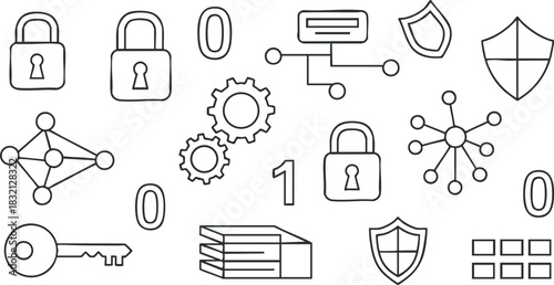 A collection of security icons featuring locks, keys, gears, and shields in minimalist outline vector style, suitable for technology and data protection projects