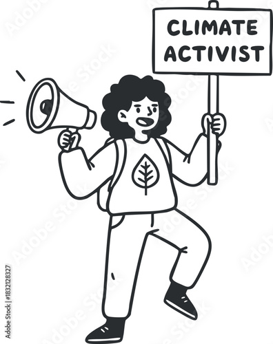 A young climate activist holding a megaphone and a sign that reads 'CLIMATE ACTIVIST' in a black and white cartoon vector style, ideal for environmental campaigns and awareness projects