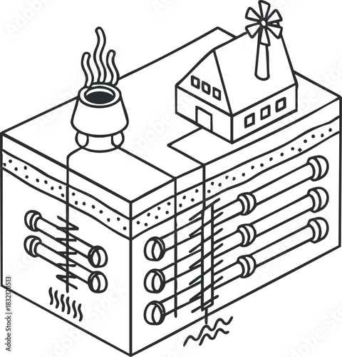 A geothermal energy system with a house, windmill, and pipes in black and white outline vector style, suitable for educational projects