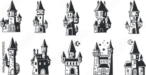 A collection of whimsical castle illustrations in black and white vector style, ideal for fantasy themes and design projects